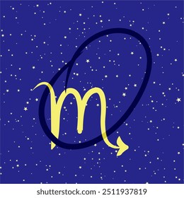 Scorpio in combination with the letter O. Zodiac sign. On a dark blue starry background. Astrology and horoscopes concept. Vector illustration.