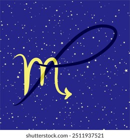 Escorpião em combinação com a letra P. signo zodíaco. Em um fundo estrelado azul escuro. Conceito de astrologia e horóscopos. Ilustração vetorial.