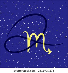Escorpião em combinação com a letra Q. Sinal de zodíaco. Em um fundo estrelado azul escuro. Conceito de astrologia e horóscopos. Ilustração vetorial.