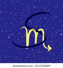 Escorpião em combinação com a letra S. signo zodíaco. Em um fundo estrelado azul escuro. Conceito de astrologia e horóscopos. Ilustração vetorial.