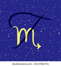 Escorpião em combinação com a letra T. sinal de Zodíaco. Em um fundo estrelado azul escuro. Conceito de astrologia e horóscopos. Ilustração vetorial.