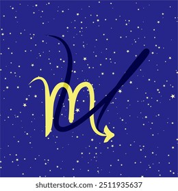 Escorpião em combinação com a letra U. signo zodíaco. Em um fundo estrelado azul escuro. Conceito de astrologia e horóscopos. Ilustração vetorial.