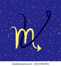 Escorpião em combinação com a letra V. signo zodíaco. Em um fundo estrelado azul escuro. Conceito de astrologia e horóscopos. Ilustração vetorial.