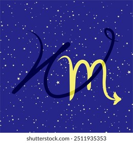Escorpião em combinação com a letra W. signo zodíaco. Em um fundo estrelado azul escuro. Conceito de astrologia e horóscopos. Ilustração vetorial.