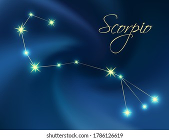 Scorpio constellation astrology vector illustration. Stars in dark blue night sky. Scorpio zodiac constellations sign beautiful starry sky. Scorpio horoscope symbol made of gold sparkles and lines.