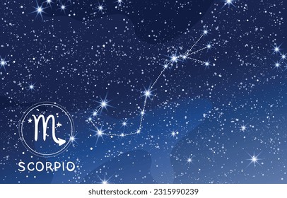 Scorpio constellation in blue night sky, zodiac sign, modern astrological background for horoscope, astronomy map, mystical vector illustration.