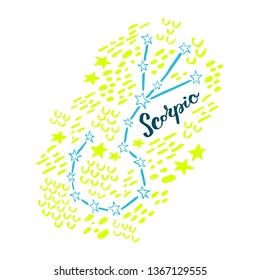 Scorpio constellation with brush lettering and doodle background. Handwritten typography. Stylized sky map. Ready-to-print design template. Clothes badge,icon,logo,banner,tag. Vector illustration.
