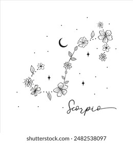 Scorpio constellation with Hand drawn doodle flowers, leaves, florals and stars. Vector art, graphic illustration clipart. This illustration is a beautiful and creative representation of the Scorpio