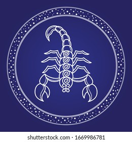 Scorpio constellation horoscope emblem in starry circle. Outline of cosmos scorpion character in round shape isolated on white. Card with astrology zodiacal sign and mythology element vector
