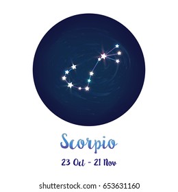 Scorpio constellation icon of zodiac sign Scorpio in cosmic stars space. Blue starry night sky inside circle background. Galaxy space vector design for horoscope icon, cards, posters, fortune telling.