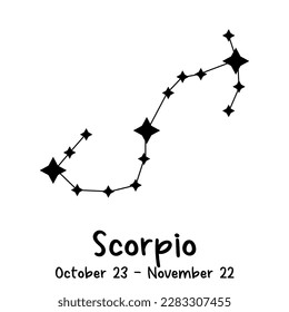 Scorpio constellation ilustration. Zodiacal circle. Black hand drawn stars on white background. Starry sky. Horoscope, predictions and prophecies. Abstract Vector illustration.