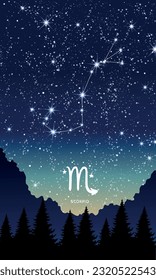 Scorpio constellation in the night sky, zodiac sign, horoscope app, mountain landscape vertical template for stories. Background for astrology, fortune teller, calendar. Modern vector illustration.