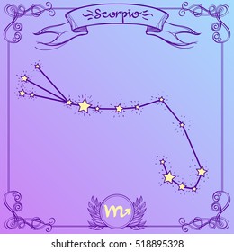Scorpio constellation on a purple background.. Schematic representation of the signs of the zodiac.