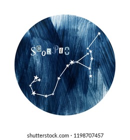 The Scorpio Constellation over hand drawn blue background. 1 of the 12 zodiac signs. Vector illustration