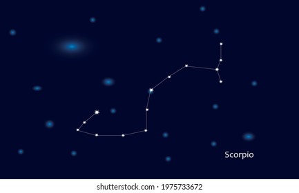 Scorpio constellation. Starry sky. Dark blue space background. Bright shining stars. Zodiac constellations. Zodiac sign. Vector illustration.