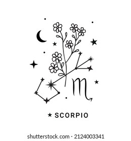 Scorpio Constellation Zodiac Sign With Flower, Moon And Stars