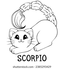 Scorpio cute cartoon astrology sign of the zodiac cat. Character in kawaii style. Vector illustrations in hand drawn sketch style isolated on white. Black outline graphic. Funny cat horoscope