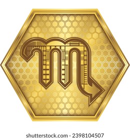 Scorpio, Futuristic Cybernetic Circuit Board Zodiac Astrological Symbol Icon Button Design Golden Hexagon, White Background, Horoscope, Fortune-Telling