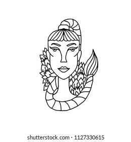 Scorpio girl portrait. Zodiac sign for adult coloring book. Simple black and white vector illustration.
