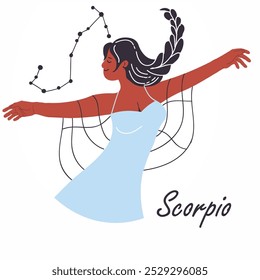 Scorpio girl, zodiac sign. Modern trendy horoscope character, scorpion symbol. Stylish woman, female avatar, astrology star constellation. Flat vector illustrationhand drawn illustration.