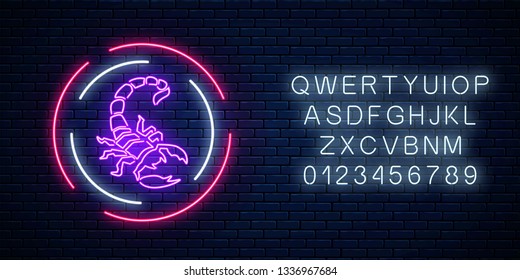 Scorpio glowing neon sign in circle frames with alphabet on dark brick wall background. Nightlife advertising symbol of nightclub or tattoo parlor. Vector illustration.