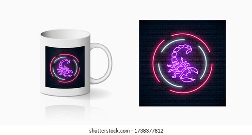 Scorpio glowing neon sign in circle frames for cup design. Nightlife advertising symbol of nightclub or tattoo parlor neon design, banner in neon style on mug mockup. Vector shiny design element.