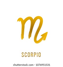 scorpio gold glitter vector zodiac sign, hand drawn with ink brush. Vector graphics set.