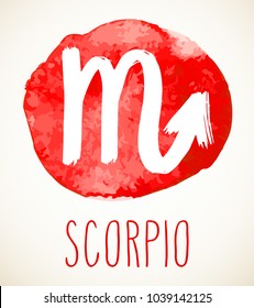 Scorpio hand drawn Zodiac sign illustration over red watercolor circle. Vector graphic astrology symbol design element isolated over white.