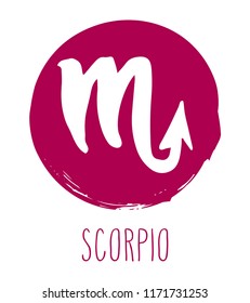 Scorpio hand drawn zodiac sign. Astrology design element. Vector graphic illustration in red freeform brush stroke circle isolated over white.