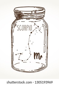 Scorpio hand drawn Zodiac sign constellation in a mason jar. Vector graphics astrology illustration. Western horoscope mystic symbol isolated over white.