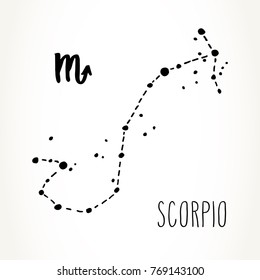 Scorpio hand drawn Zodiac sign constellation in black isolated over white background. Vector graphics astrology illustration. Western horoscope mystic symbol.