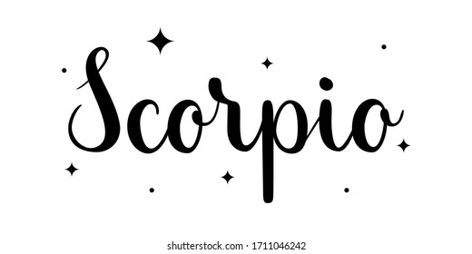 Scorpio. Handwritten name of sign of zodiac. Modern brush calligraphy style. Black vector text isolated on white background with star elements