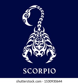 Scorpio. Horoscope. Astrological zodiac sign. Tattoo maori tribal style.  White on dark blue background.