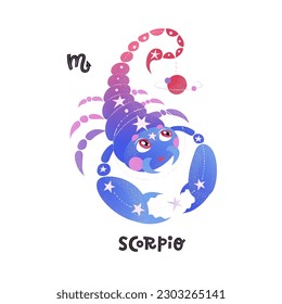 Scorpio horoscope character with zodiac sign and handlettering. Cute vector illustration EPS 10.