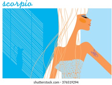 Scorpio horoscope illustration. Beautiful blond woman portrait.