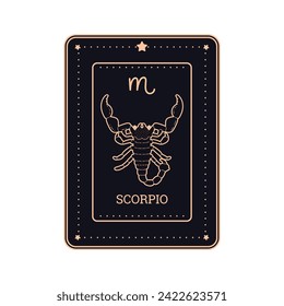 Scorpio horoscope sign card design of twelve zodiac constellations, vector illustration isolated on black background. Traits and characteristics of Scorpio zodiac sign.