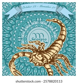 Scorpio horoscope sign on an openwork background with a ribbon on top and dates. Mix of styles. Poster, decorative panel or other. Vector illustration