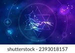 scorpio horoscope sign in twelve zodiac with galaxy stars background, graphic of low poly scorpion with futuristic astrological element
