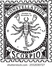 SCORPIO horoscope sign vectorized hand draw, POSTAGE STAMP