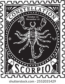 SCORPIO horoscope sign vectorized hand draw, POSTAGE STAMP