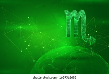 scorpio horoscope symbol over a polygonal planet, on a green background. global data calculation