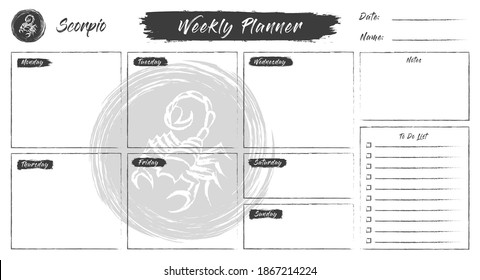  Scorpio horoscope weekly planner. Zodiac sign. Planners bundle: daily, weekly, monthly planner, to-do list, goals, notes template. Astrologist organizer paper sheet. Vector illustration.