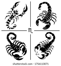 Scorpio. Horoscope. Zodiac sign. Set of vector silhouettes in four different styles.