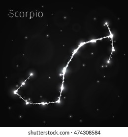 Scorpio Illustration Icon, Lights Silhouette on Dark Background. Glowing Lines and Points