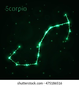 Scorpio Illustration Icon, Lights Silhouette on Dark Background. Glowing Lines and Points