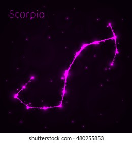 Scorpio Illustration Icon, Lights Silhouette on Dark Background. Glowing Lines and Points
