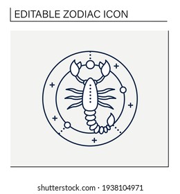 Icono de línea de escorpión. Ocho letreros de fuego en zodiac. Símbolo de nacimiento de escorpión. Signo místico del horóscopo. Concepto de ciencia astrológica. Ilustración vectorial aislada. Trazo editable