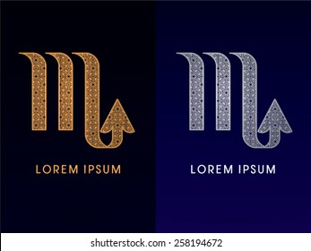 Scorpio ,Luxury Zodiac sign, designed using gold and silver triangle geometric shape on dark background, logo, symbol, icon, graphic, vector.