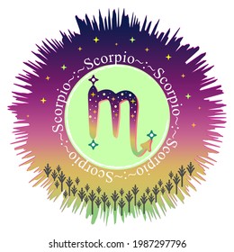 Scorpio moon sign. Zodiac sign label. Astrology vector. Aurora gradient burst. Stars pattern. Horoscope symbol. Vedic sign title. Astrology badge. Astronomy sticker. Stock illustration.