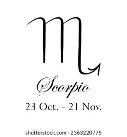 Scorpio with name and dates. Horoscope with 12 zodiac signs. From October 23 to November 21. Astrology, fortune telling, constellation, stars, ascendant, pseudoscience, natal chart. Italic style